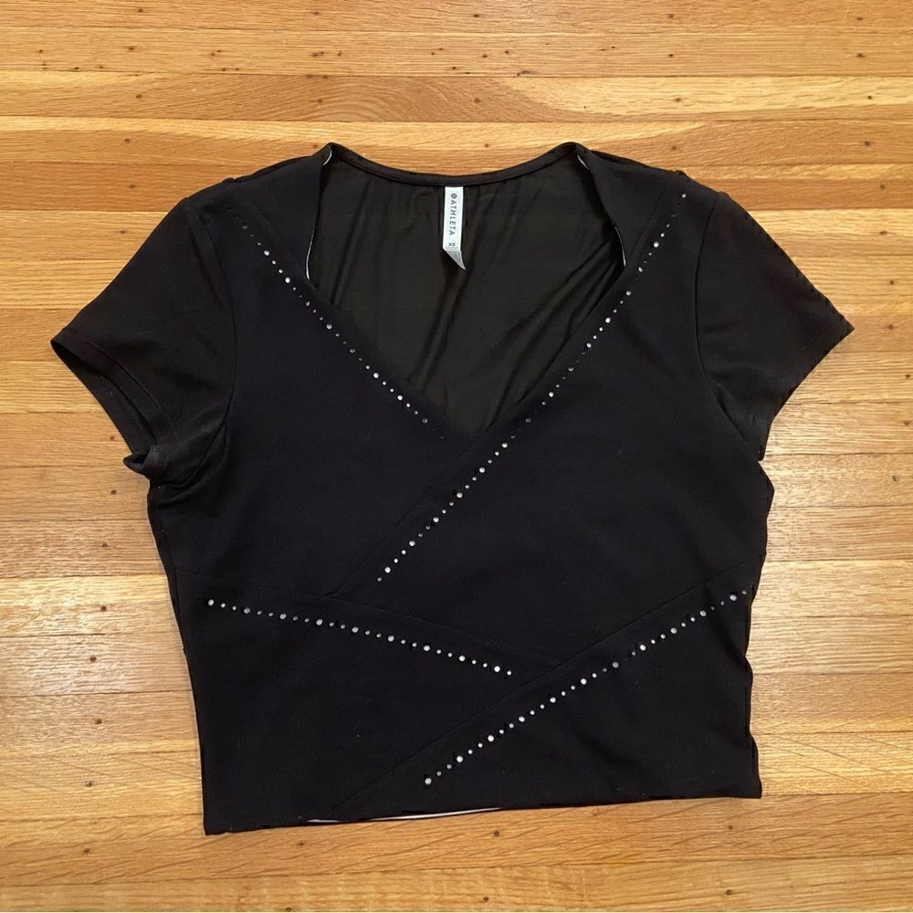 Athleta It’s a wrap black crop mesh short sleeve top